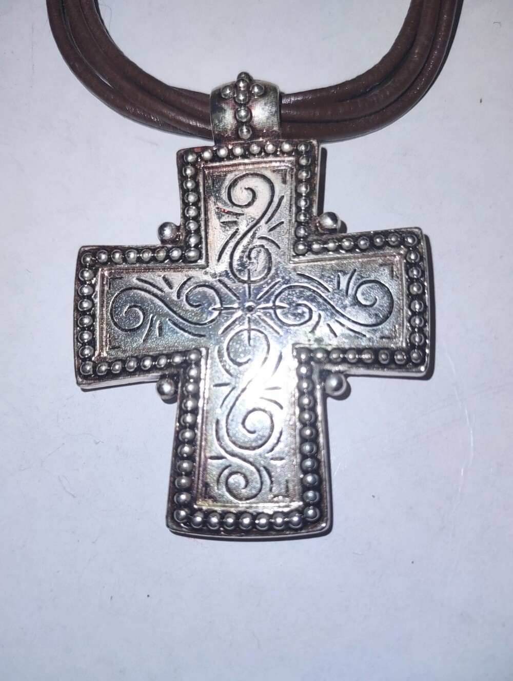 Silvertone Cross Premier Designs Leather Necklace